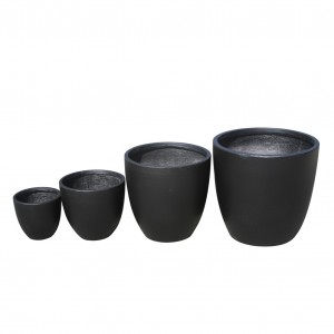 Set of 4 Black Egg Shape Round Plant Pots Fiberglass Wholesale