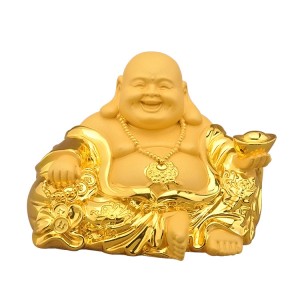 24k Golden Resin Figurine Sitting lucky Laughing Buddha Statue Holding Chinese Ingots