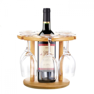Natural Bamboo Wine Bottle Rack with Wine Glasses Holder;Bamboo Display Rack for 6pcs Stemware Glasses and 1 wine bottle