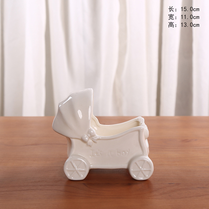 Ceramic Pure White Home/ Garden Flower Planter Pot- Outside Baby Carriage Design – Best Gift for Kids