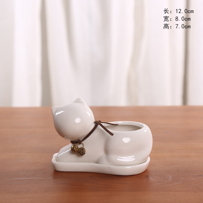 Cat Succulent Planter Decorative Flower Pot Mini Ceramic Grass Planter Plant Pots Box with Tray Saucer White Cat