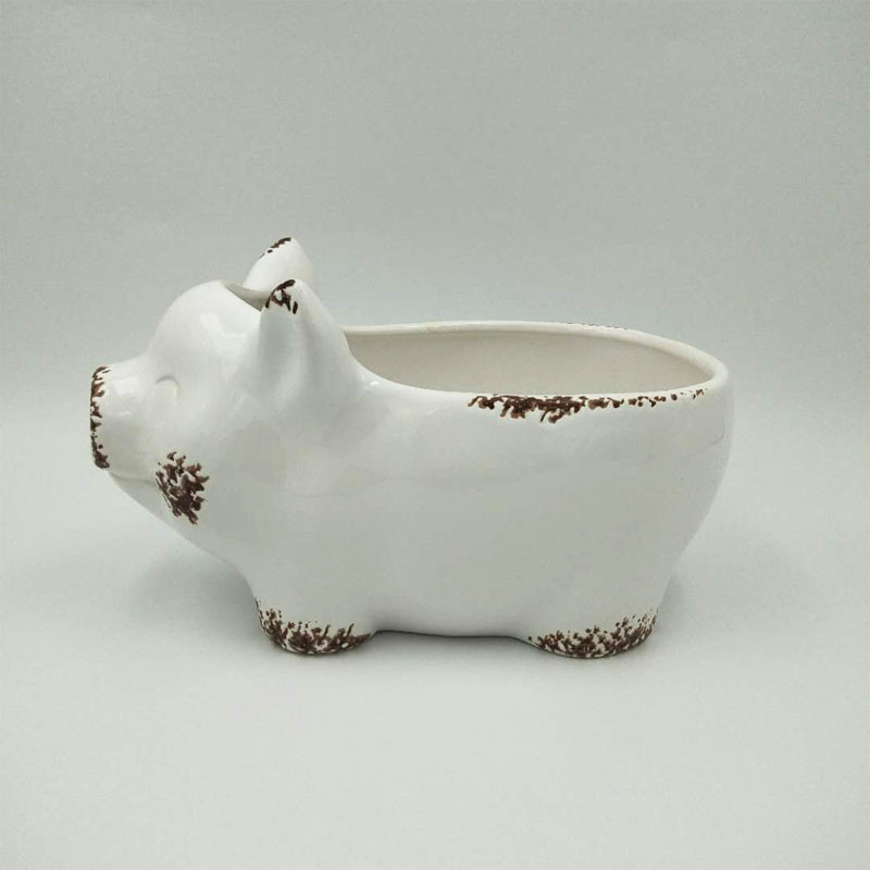 Distressed White Open Pig Shape Stoneware 8.75 x 6.25 Ceramic Standing Planter