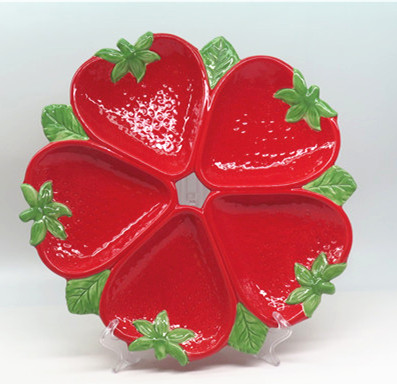 Ceramic strawberry five divided candy dishes ,candy plate divided