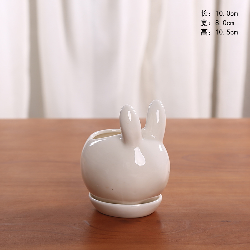 Bunny Rabbit Design White Mini Ceramic Plant Flower Pot Succulent Planter w/Saucer