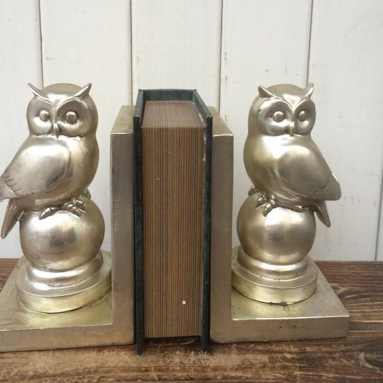 Ceramic Owl Figurine Bookend in Silver Gloss Finish