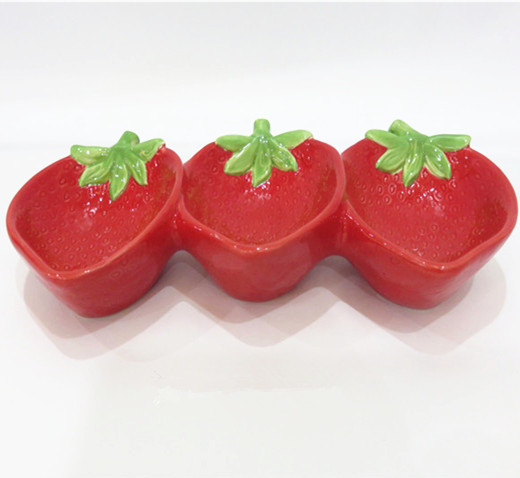 Ceramic strawberry design plate ,dolomite strawberry three section candy dishes