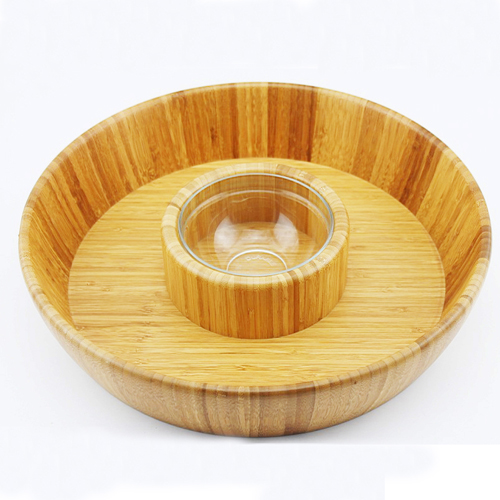 12 Inch Organic Bamboo Chip and Dip Serving Platter Set w/Ceramic Dip Bowl | Round Chips Bowl Appetizer Server for Event Use
