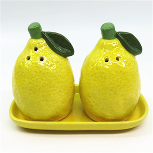 Fancy Ceramic  Lemon  Shaped Salt & Pepper Shakers Set With Holder