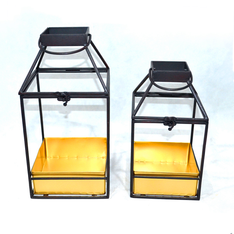 High quality custom design home decoration ornaments candle holder set of 2 glass metal lantern