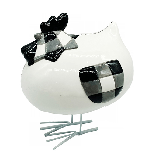 Ceramic white and Black Lattice Chicken with Metal Standing for Home Decor Featured Image