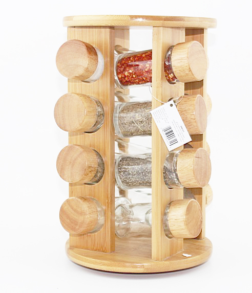 Bamboo rotatable spice rack With 12 Spice Jars