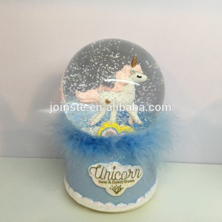 Custom cheap resin unicorn snow globe with blue base 80cm water globe