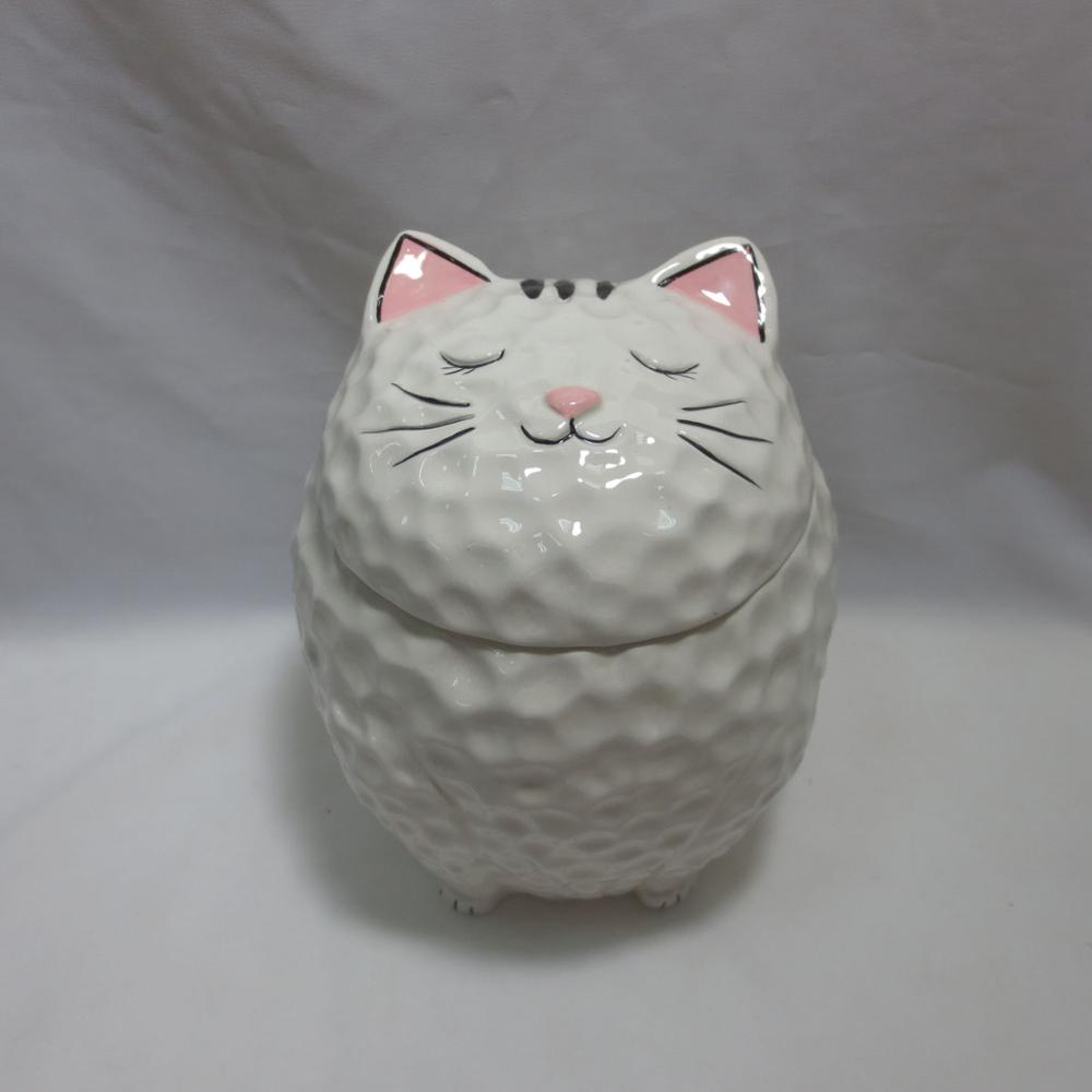 Ceramic Feline White Fat Cat With Giant Fish Belly Cookie Jar 7.25"Tall