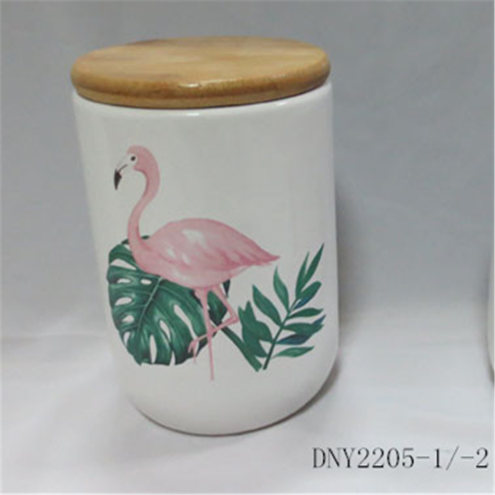 White porcelain cookie jar , ceramic flamingo decal cookie jar with bamboo lids