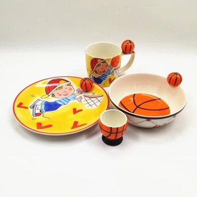 Custom basketball painting ceramic bowl,ceramic plate, mug and egg holder tableware set of 4
