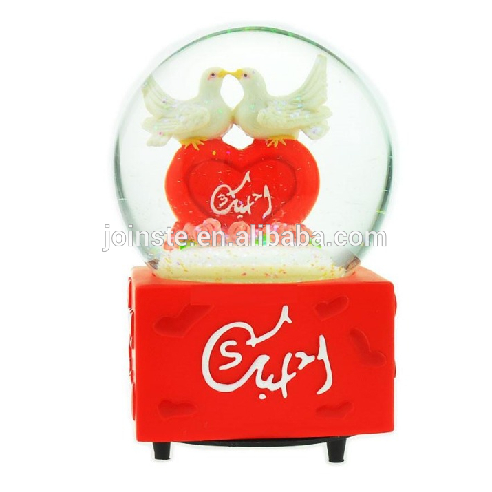 Custom resin red heart snow globe with red square base wedding water globe