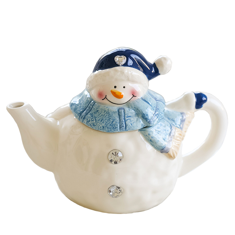 Customized white and bule color snowman handmade painting teapot porcelain teapot