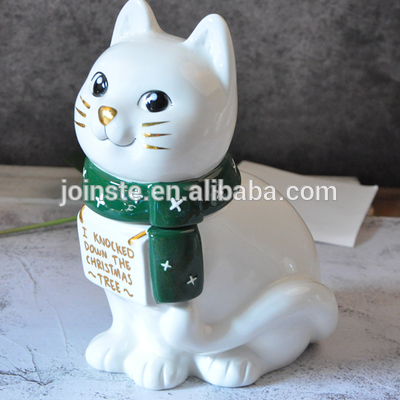 Customized white cat shape ceramic cookie jar biscuit jar candy storage