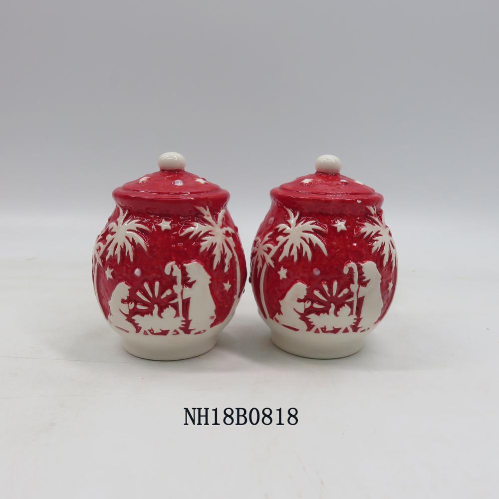 Red porcelain salt and pepper shaker ceramic christmas Jesus Christ painting salt shaker and pepper