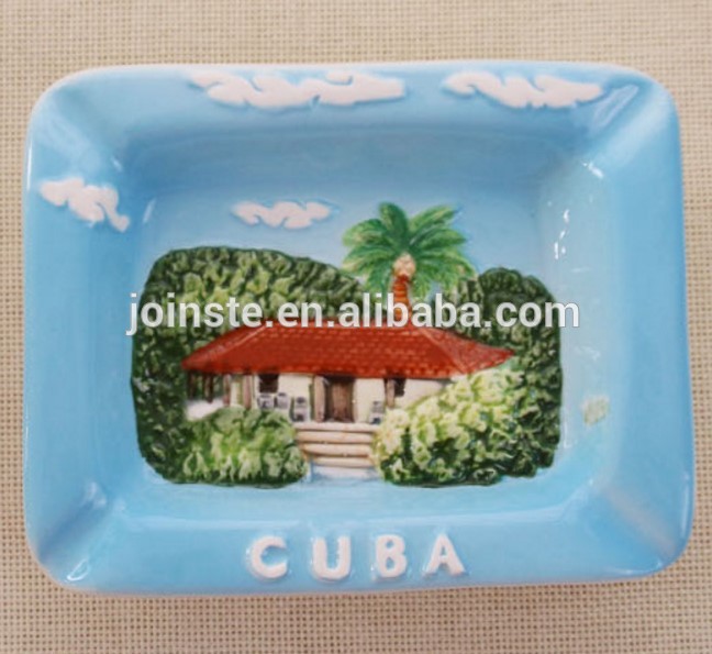 Custom square blue color hand painting ceramic ashtray travel souvenir