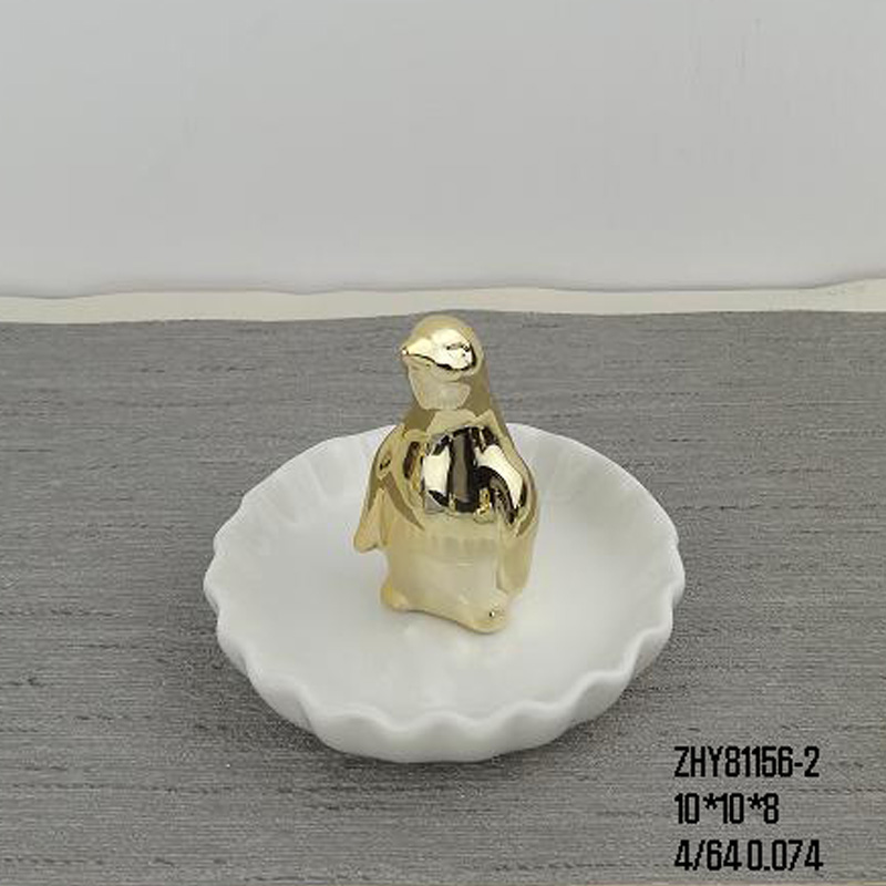 Gold Coating Penguin Ring Dish,Penguin Ceramic Trinket Dish,Penguin Jewelry Dish