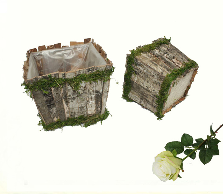 Square garden planters with birch bark