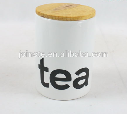 White ceramic large sealed tea canister with bamboo cover