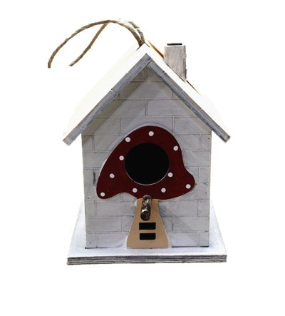 Wash white colored wooden birdhouse with mushroom door