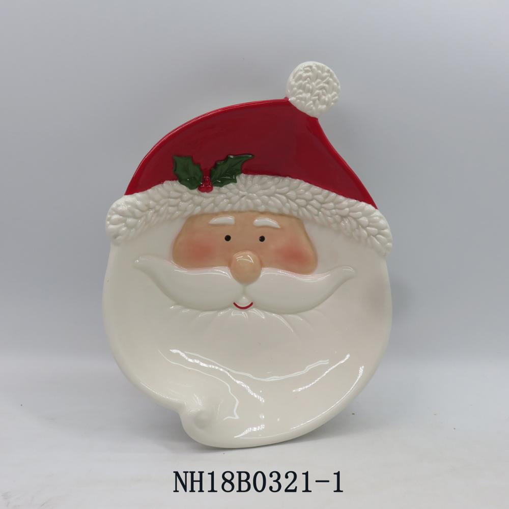 Hotsale ceramic Christmas plate with santa shape, ceramic decorative Christmas santa plates