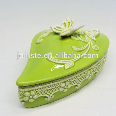 Custom cheap green color leaf shape ceramic ring box candy box