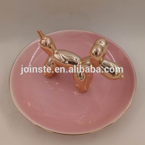 Custom ceramic pink plate golden dog shape hand ring holder jewellery tray