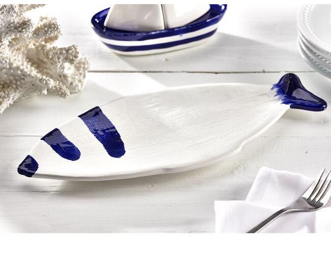 White & Navy Blue Dolomite Fish Design Plate. FDA Approved, Food Safe