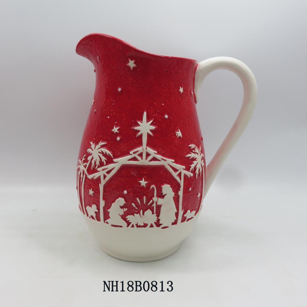 Red and White Ceramic Christmas Pitcher, Porcelain Mug Christmas Coffee Mug