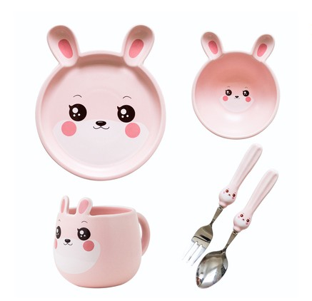 Pink bunny cartoon dinner ware set ,dinner plate ,mug  and spoon