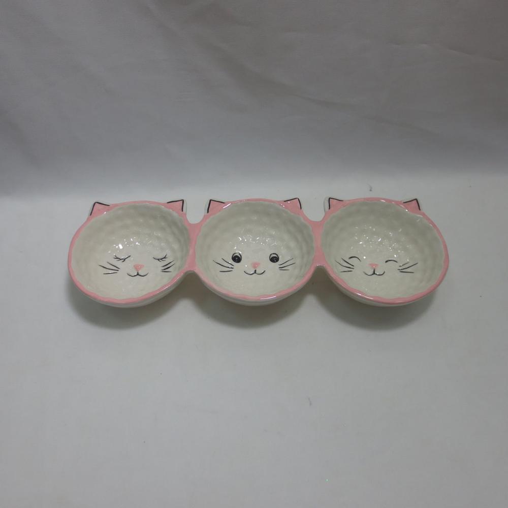 Cat Theme Ceramic 3 Section Divided Snack Dish Condiment Serving Relish Tray for Candy, Dried Fruits, Nuts,Dips Candies