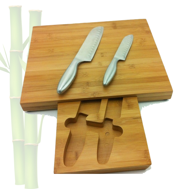 Natural Bamboo Cheese Board Set with 4 Serving Knives and Hidden, Removable Storage Drawer