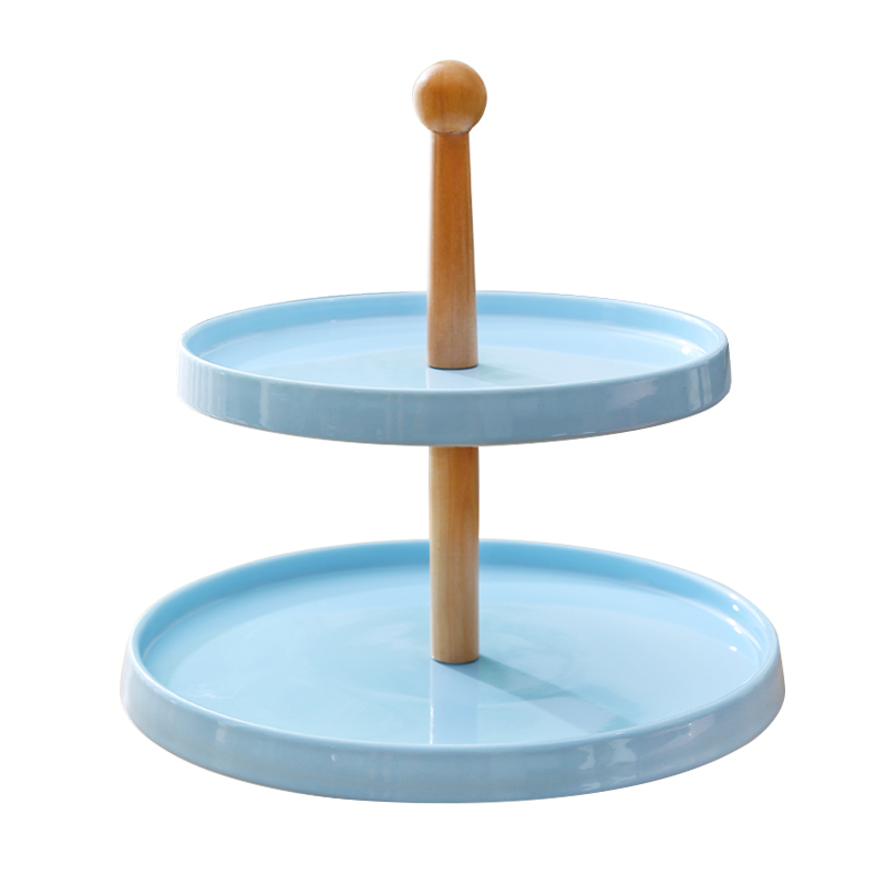 Blue Cupcake Stand Dessert Stand with Ceramic Round Tray & Wooden Handle 2 Tier Cute Cake Stand Set