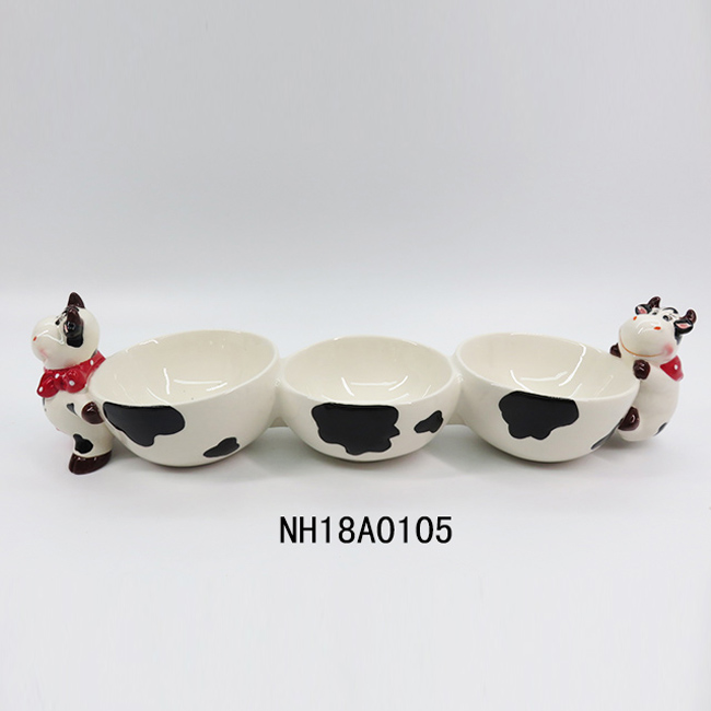 Three Section Dipping and Condiment White Ceramic Bowls – Cow