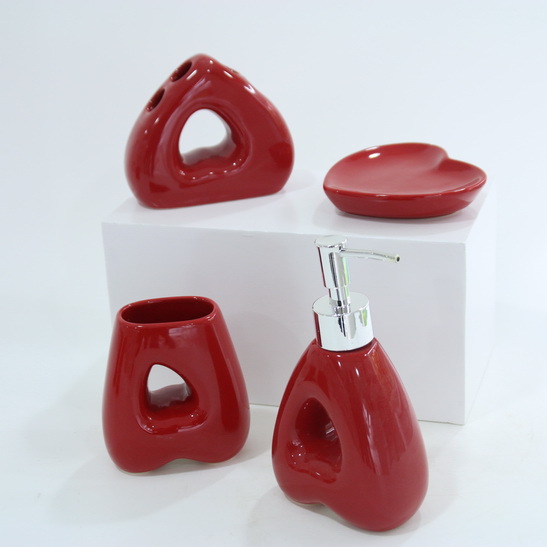 Wholesale galzed red  heart shape ceramic bathroom accessories set porcelain