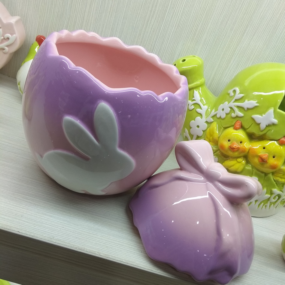 Purple Pink egg with bowknot ceramic egg jar,egg shaped containers,ceramic egg cookie jars