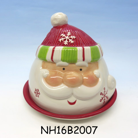 Holiday Hoopla Santa and Reindeer Ceramic Christmas Butter Dish, 4&quot;, Red