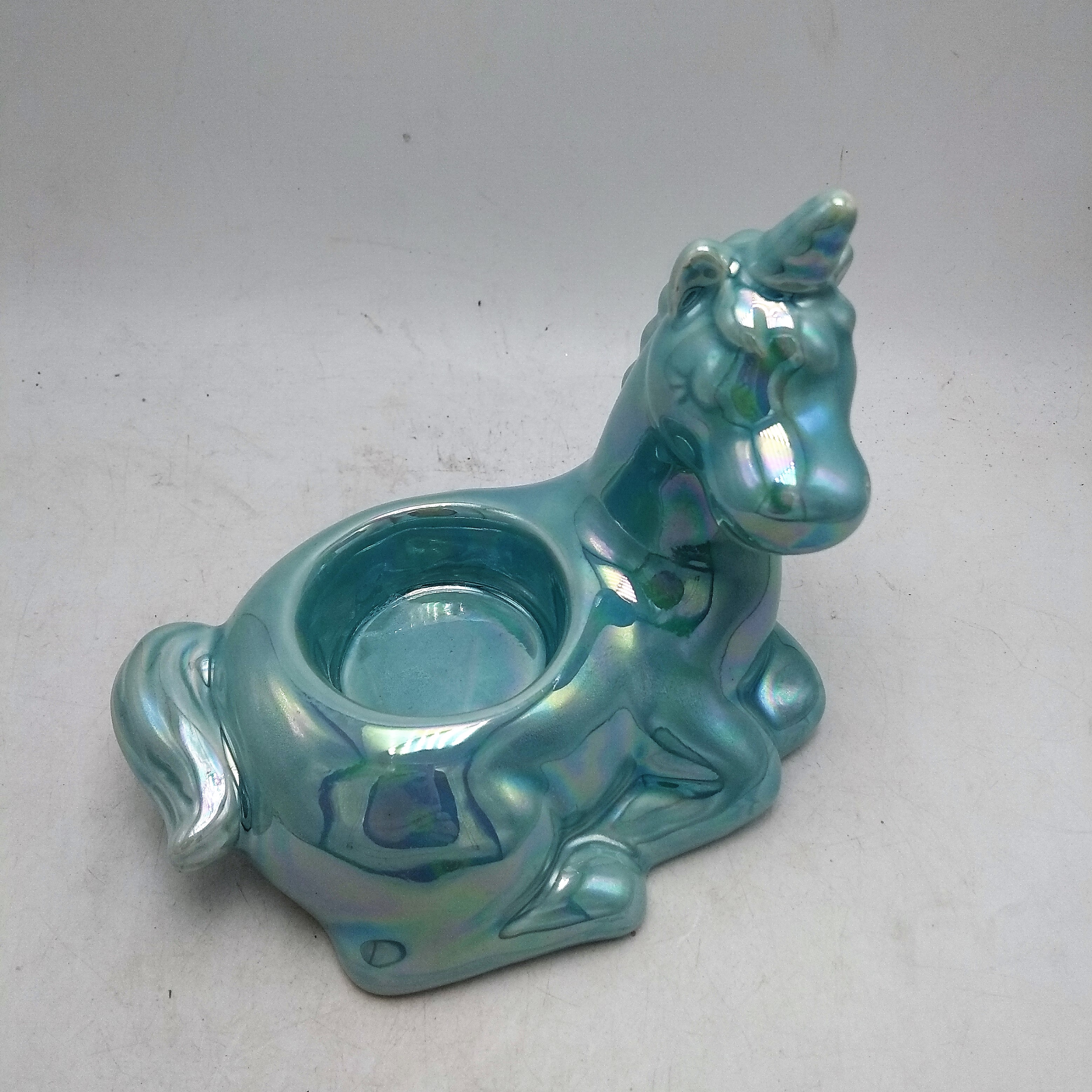 Blue plated ceramic unicorn tealight holder, sitting unicorn porcelain tealight holder