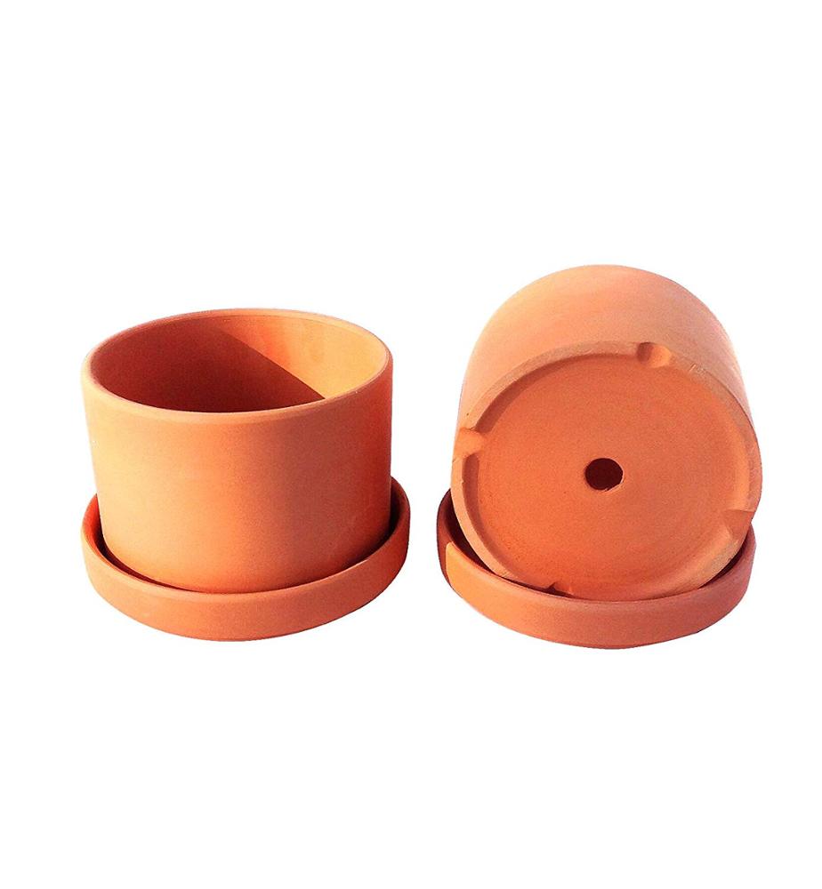 Natural Terracotta Round Fat Walled Garden Planters with Individual Trays. Set of 2
