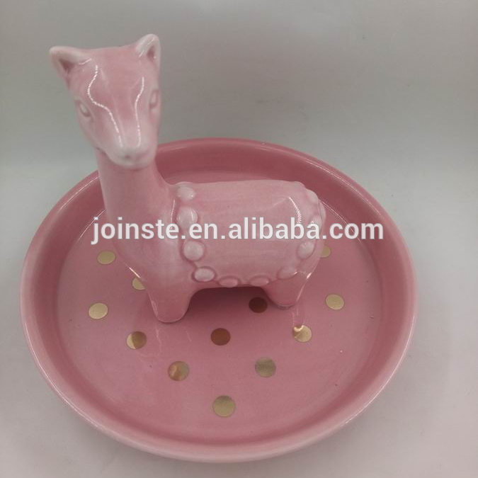 Custom ceramic cute pink alpaca shape jewellery tray ceramic ring holder dish