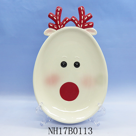3D Christmas Reindeer Ceramic Salad Plate Dish, Red/White