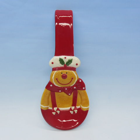 Holiday gingerbread man Red 4 x 9 Inch Glazed Ceramic Christmas Spoon Rest