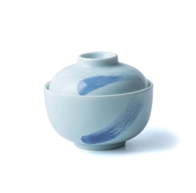 Custom cheap blue color ceramic noodle bowl soup bowl with lid