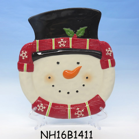 Ceramic Snowman Plate Dish Set with plastic Display Holder