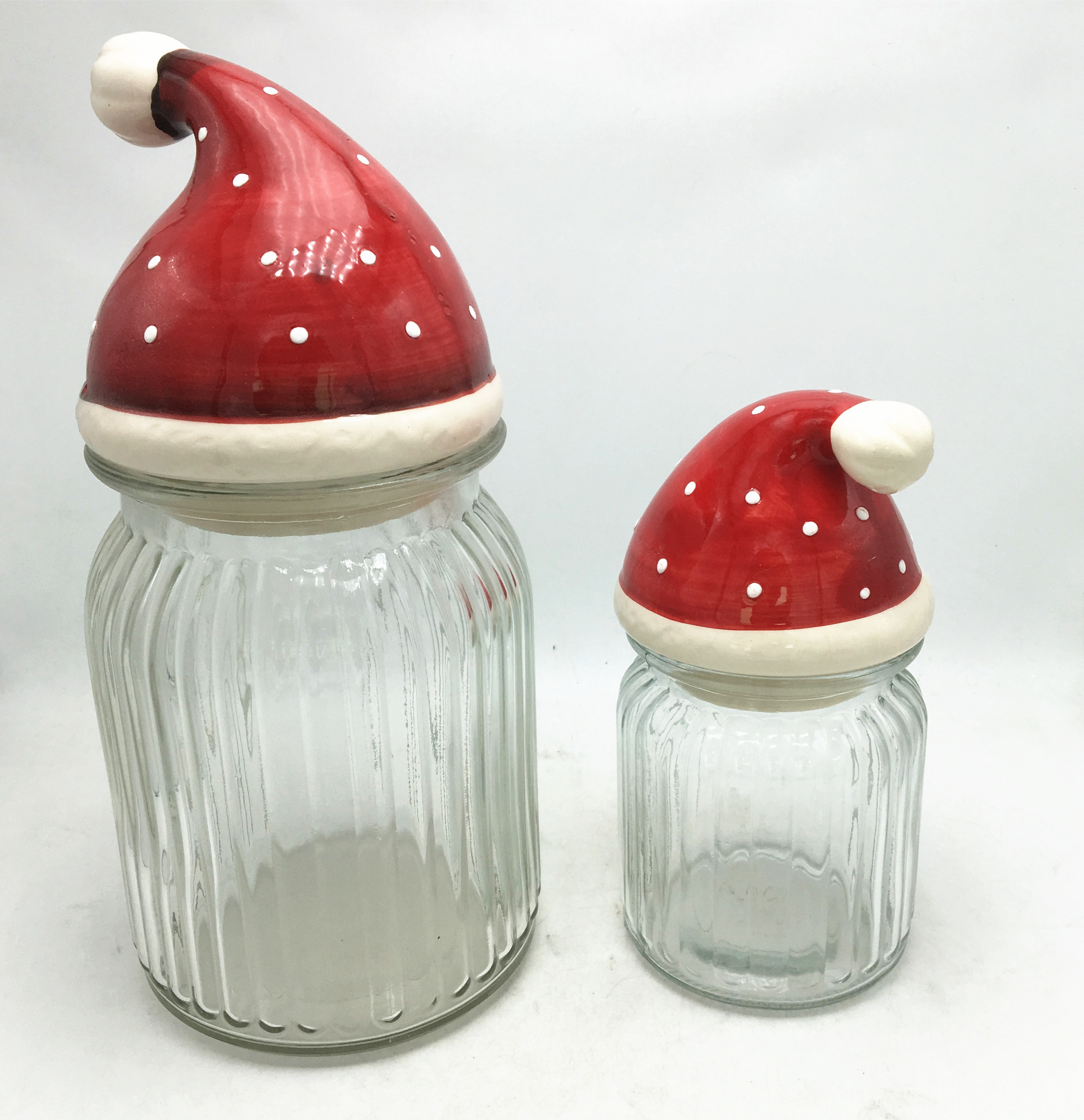 Christmas glass jars with santa hat lid ,glass candy jars