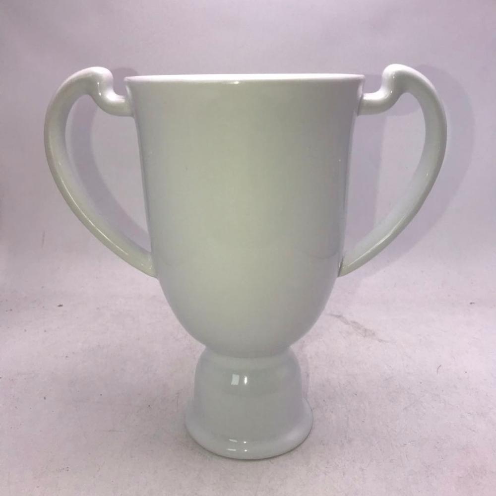Customized white ceramic mug with double handles Trophy Shape Gift cup